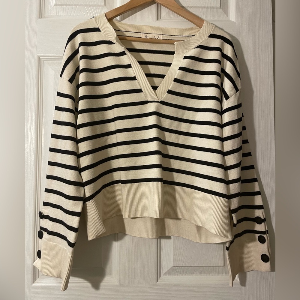MARLED- V Neck Breton Striped Sweater Top  Long Sleeve Black/Cream NWOT!